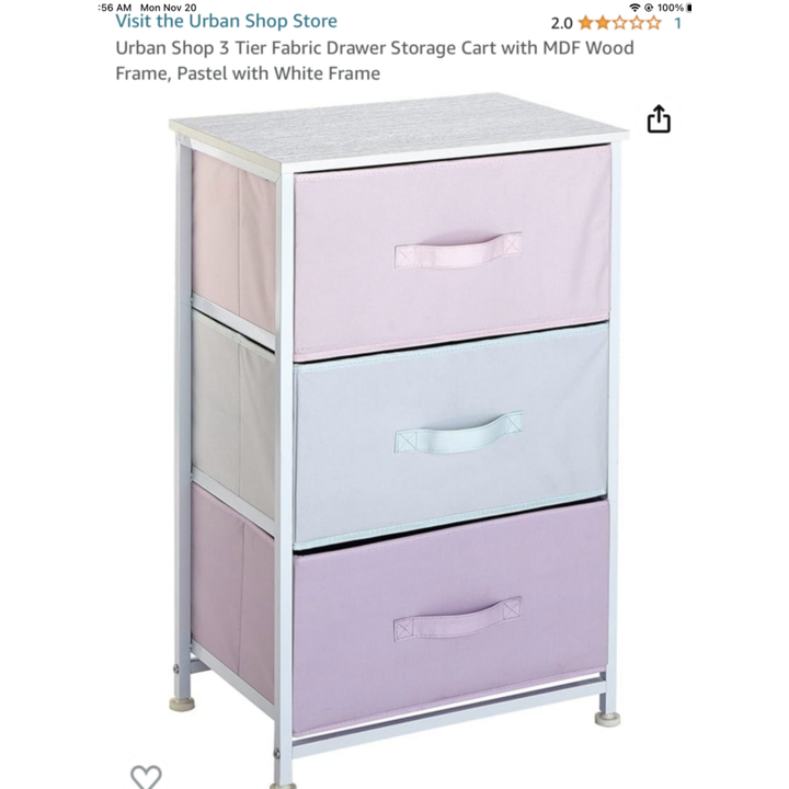 Urban Shop 3 Tier Fabric Drawer Cart (Pastel) 11.8"D x 17.7"W x 28.8"H