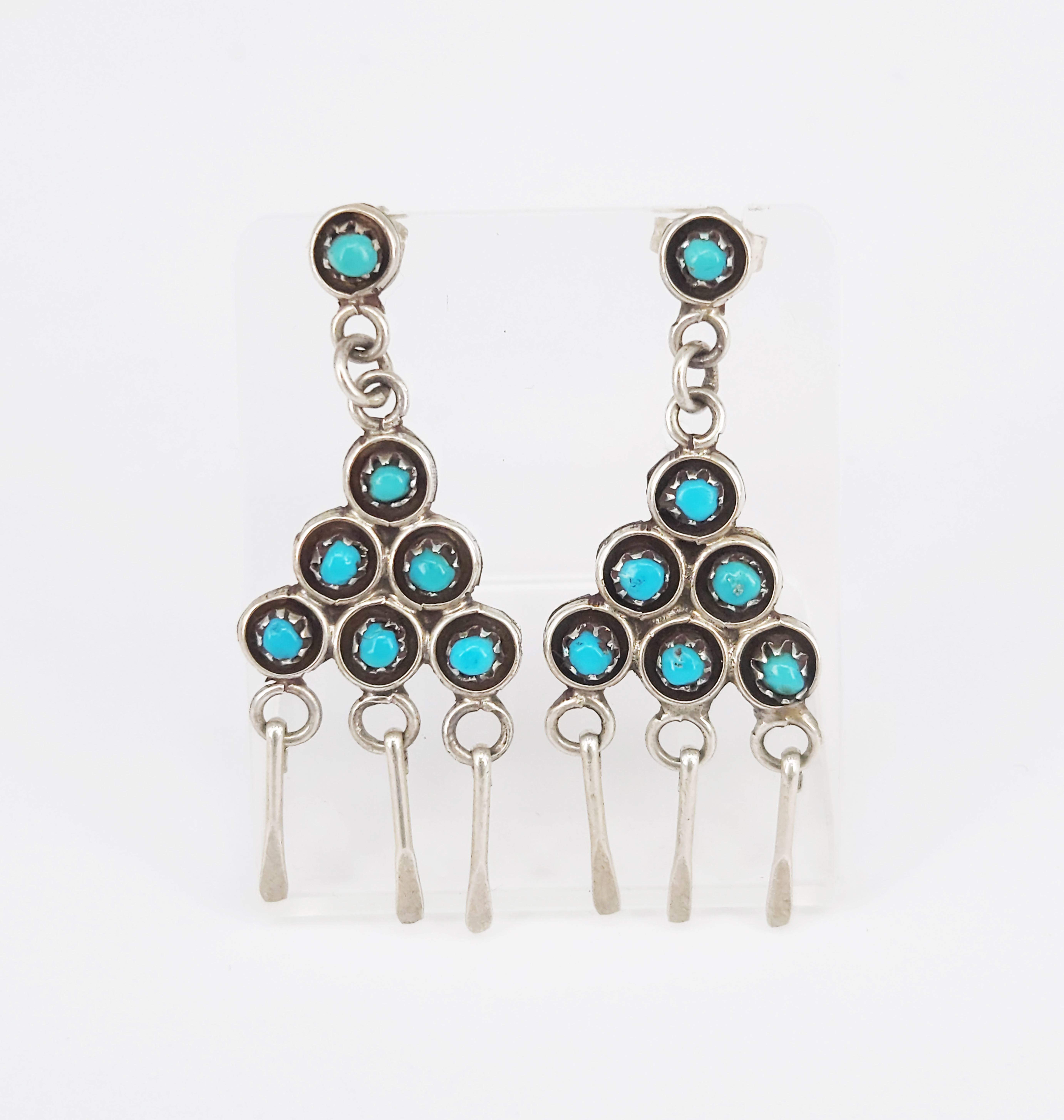 A Pair Of Native American Zuni Style Sterling Silver And Turquoise Drop Earrings