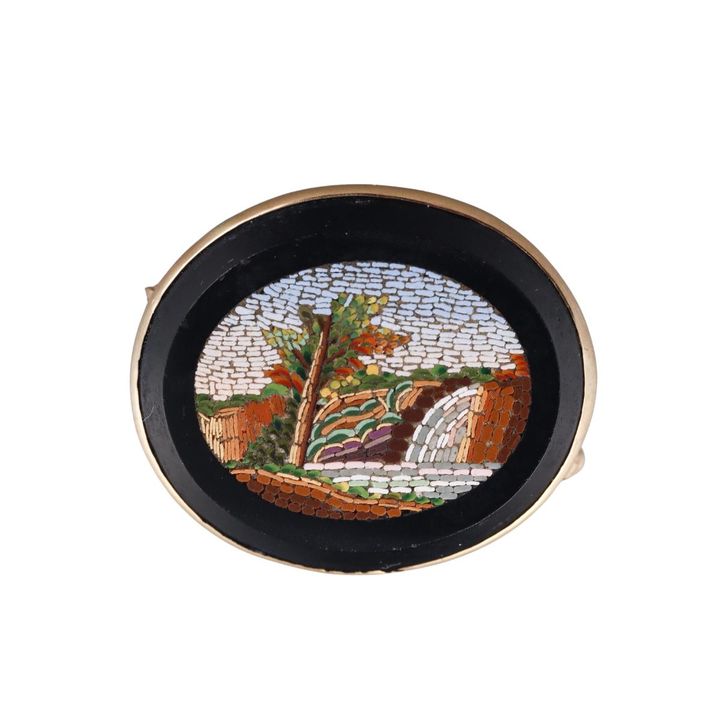 Antique 14k Gold Micro Mosaic Onyx Brooch Pin