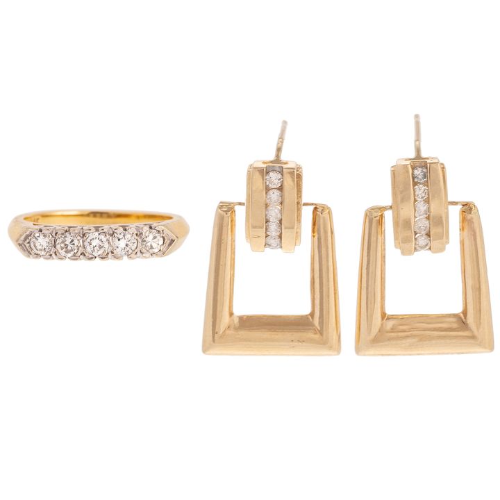 A Diamond & Gold Ring & Earrings