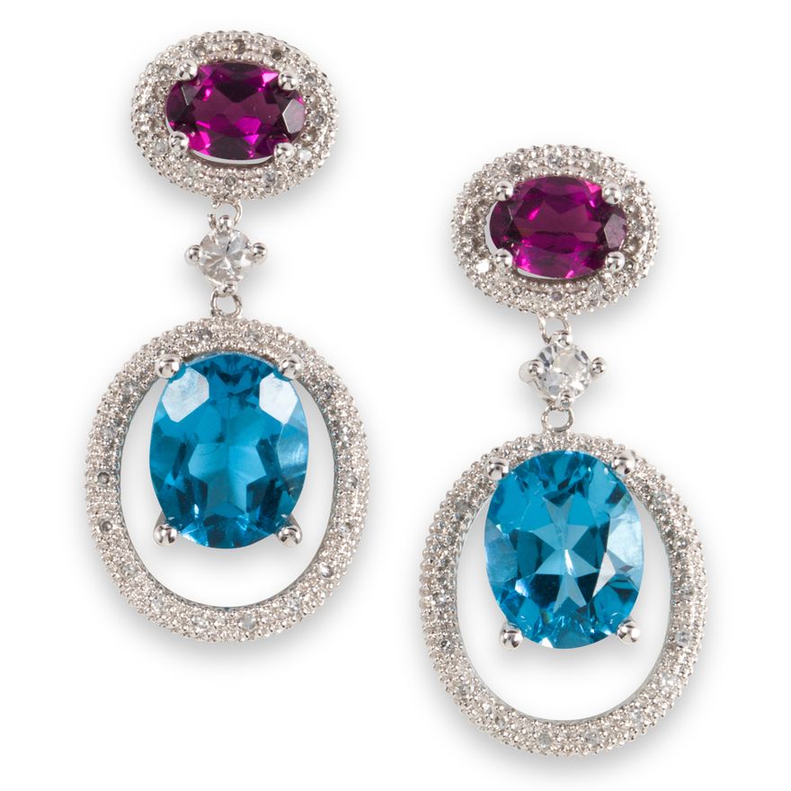 A pair of gemstone and fourteen karat white gold drop earrings