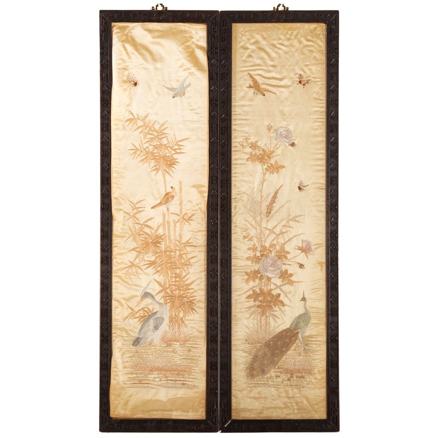 A Pair of Chinese Silk Embroidered Panels
