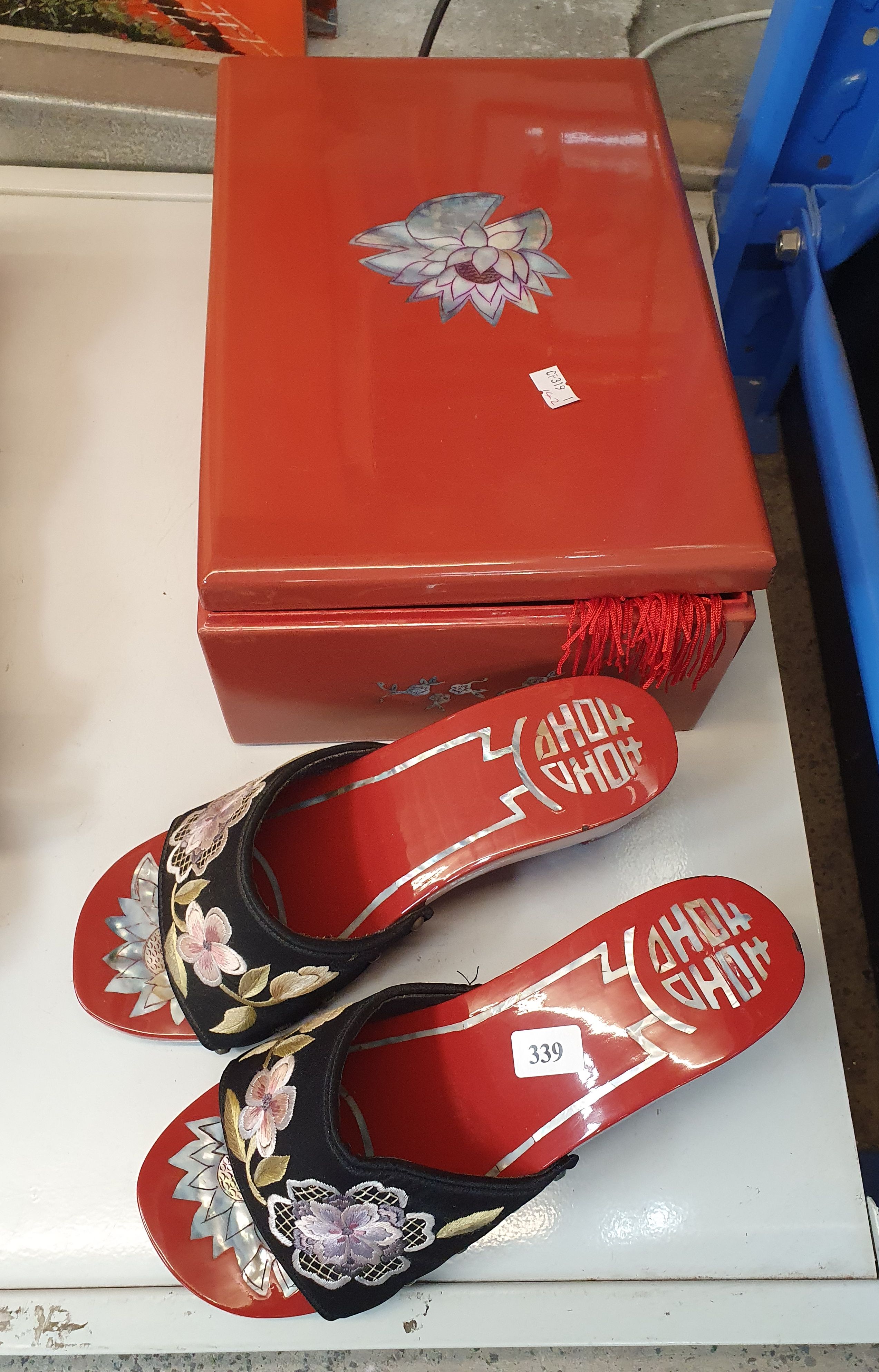 A Pair Of Vietnamese Lacquer Shoes With A Lacquer Shoe Box