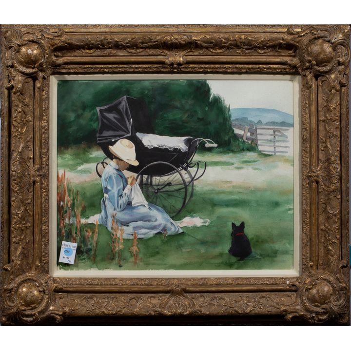 Painting, Genre Scene with Lady and Baby Carriage (20th century)