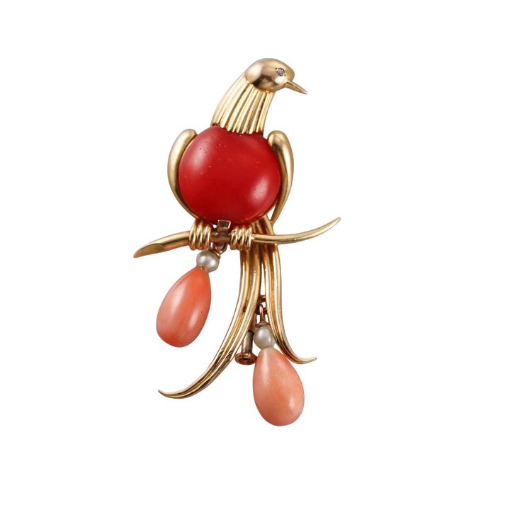 French Midcentury 18k Gold Coral Pearl Diamond Bird Brooch Pin