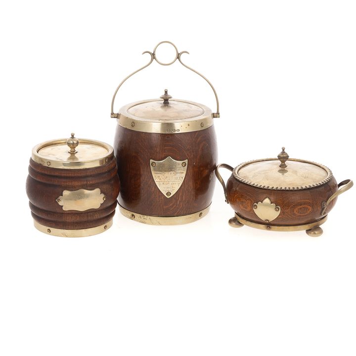 Three Edwardian Oak Biscuit Tobacco Barrels/Bowls