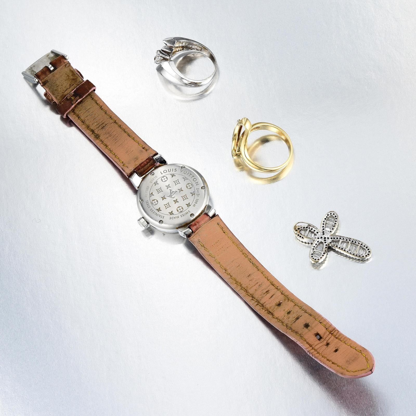Louis Vuitton Stainless Steel Ladies Watch and a Group of Gold Jewelry
