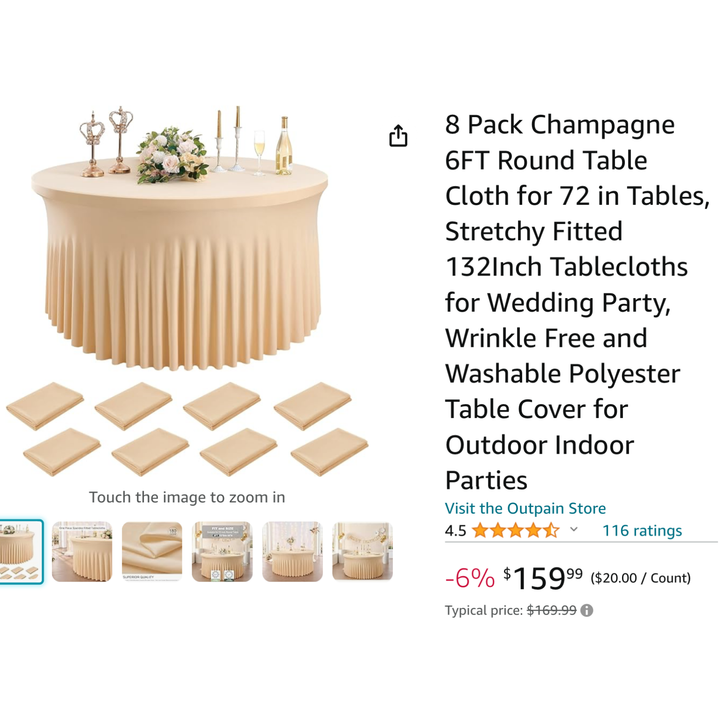 8pk Champagne 6ft Round Table Cloth For 72" Tables w/ Stretchy Fitted 132" Tablecloths (Washable/Wrinkle Free)