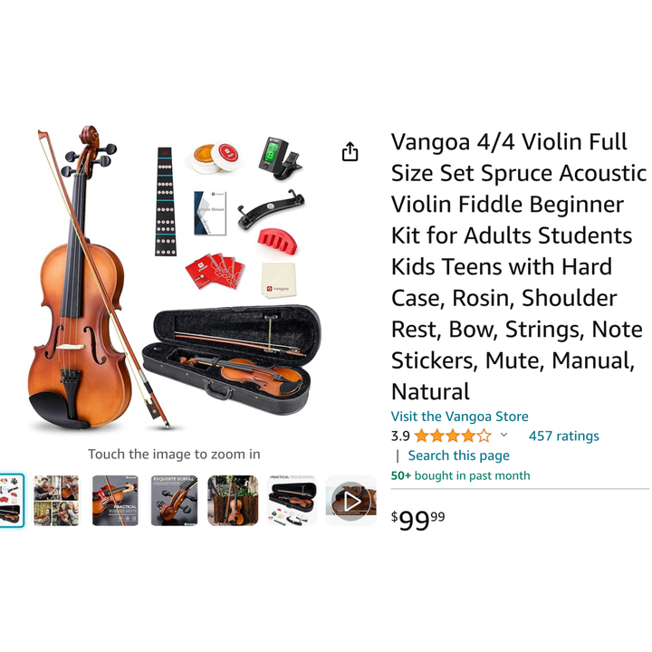 Vango 4/4 Violin Full Size Set Spruce Acoustic Violin Fiddle Beginner Kit (Natural)