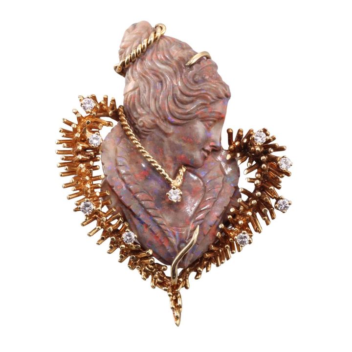 18k Gold Carved Opal Diamond Brooch Pendant
