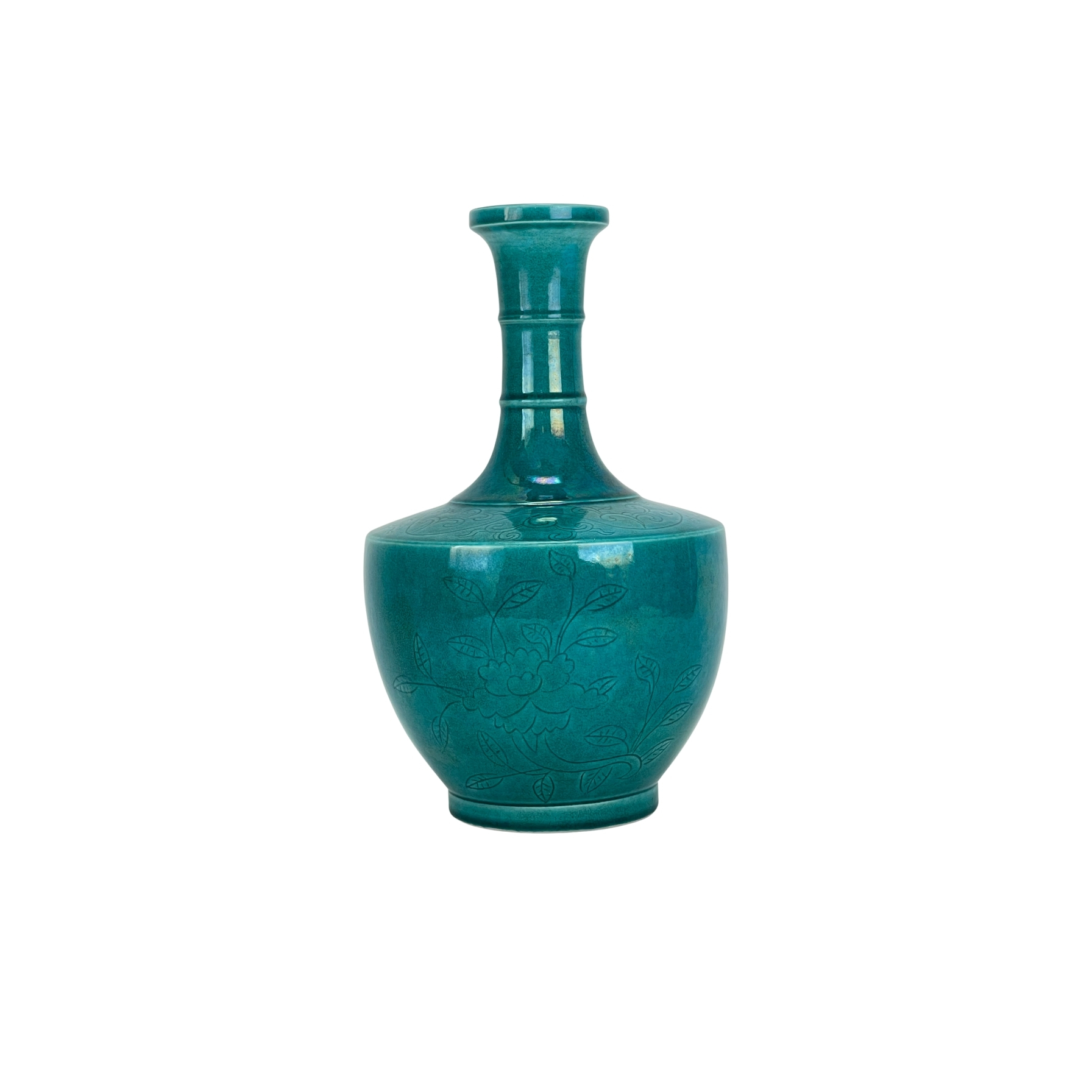 孔雀绿釉暗刻牡丹纹竹节颈瓶TURQUOISE-GLAZED VASE | Atasbid