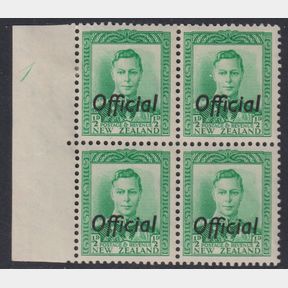 NZ Officials, 1938 ½d GVI green plate block of 4, plate 1. CP MO1a. Cat $4000.…