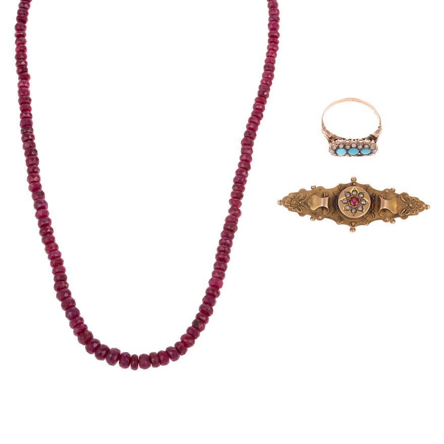 A Ruby Necklace, Antique Ring & Brooch