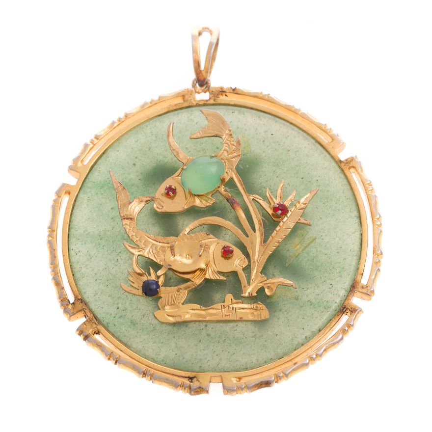A Ladies Jade Disc Fish Pendant in 14K
