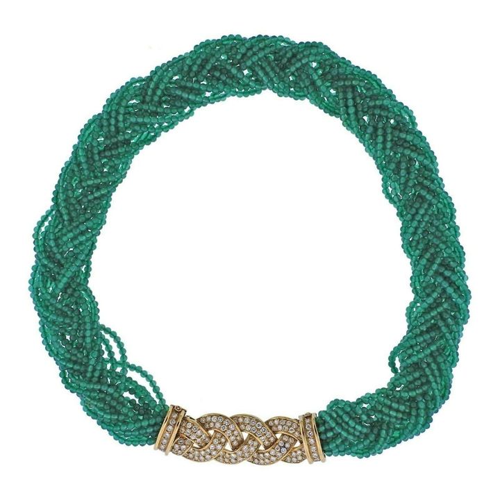 Van Cleef & Arpels France 1980s Chrysoprase Diamond Gold Braided Necklace