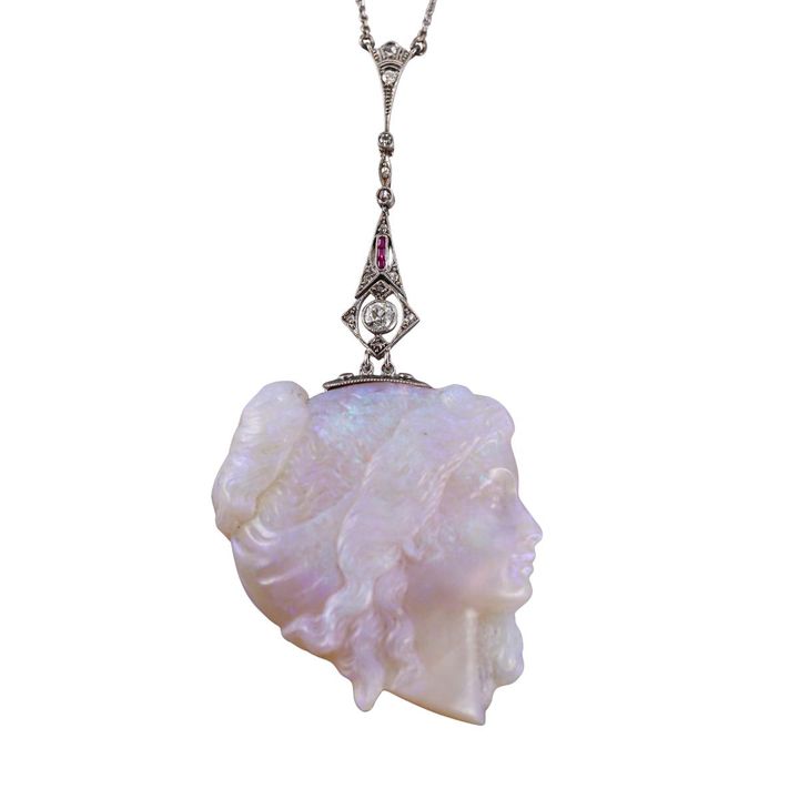 Antique Art Deco Carved Opal Diamond Platinum Pendant Necklace