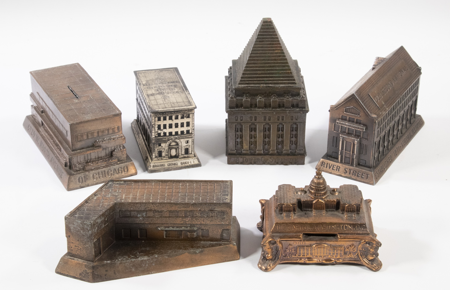 (6) CAST METAL BUILDING FORM STILL BANKS | Barnebys