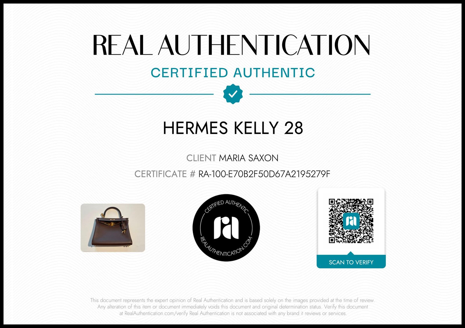 Hermes Authentication Card Hermes Kelly 28 Retourne Handbag, With