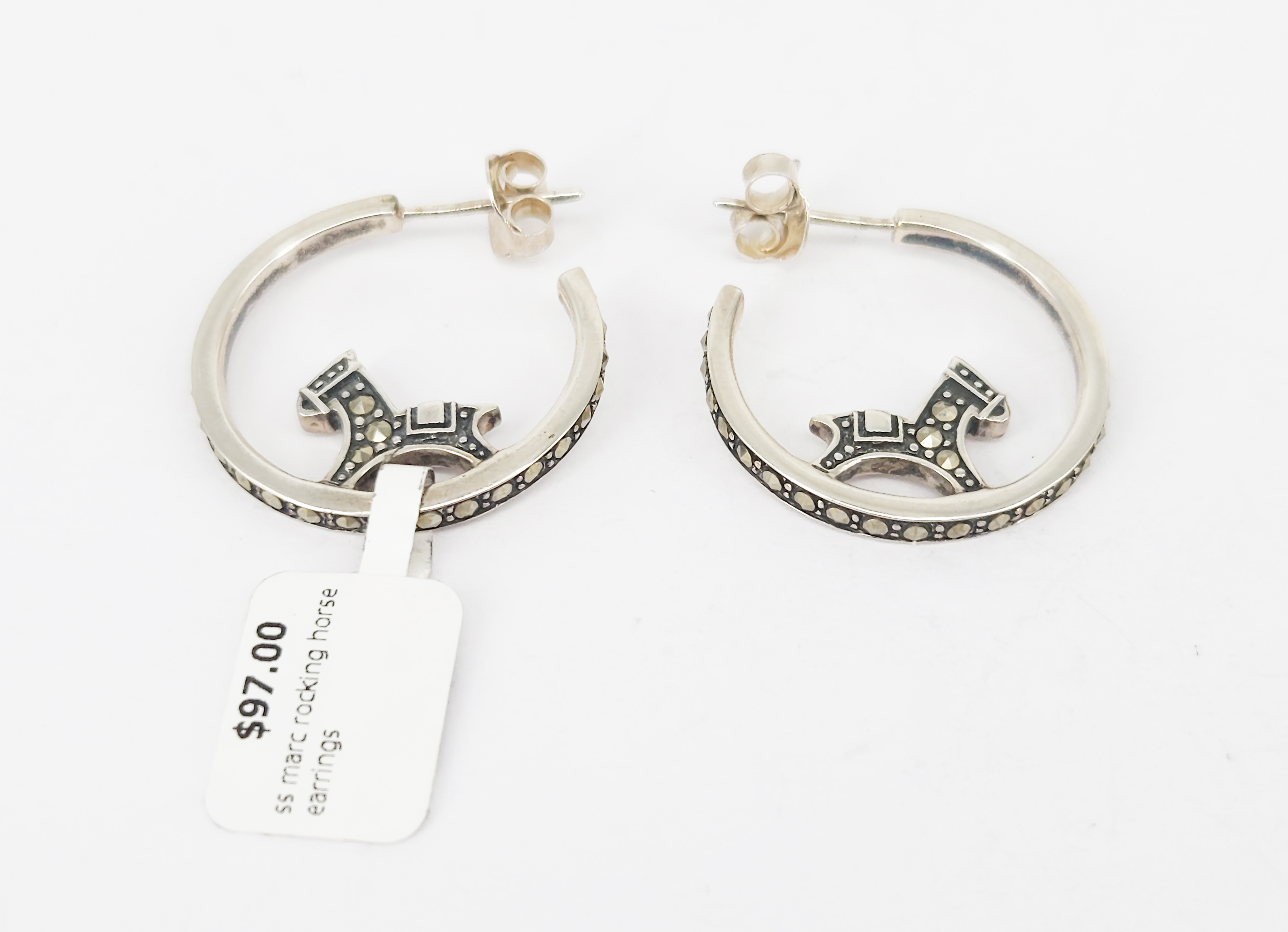 365 · A PAIR OF STERLING SILVER MARCASITE ROCKING HORSE HOOP EARRINGS