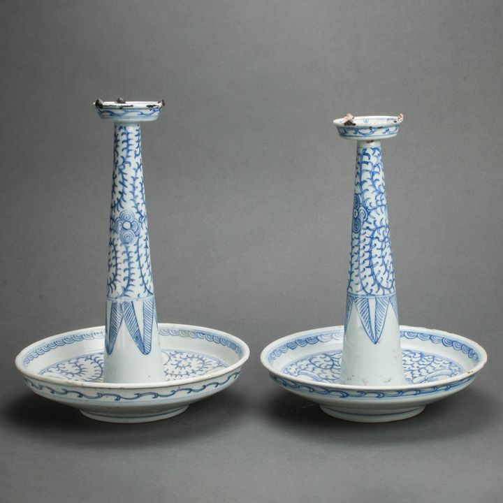 Pair Chinese underglaze blue candleholders