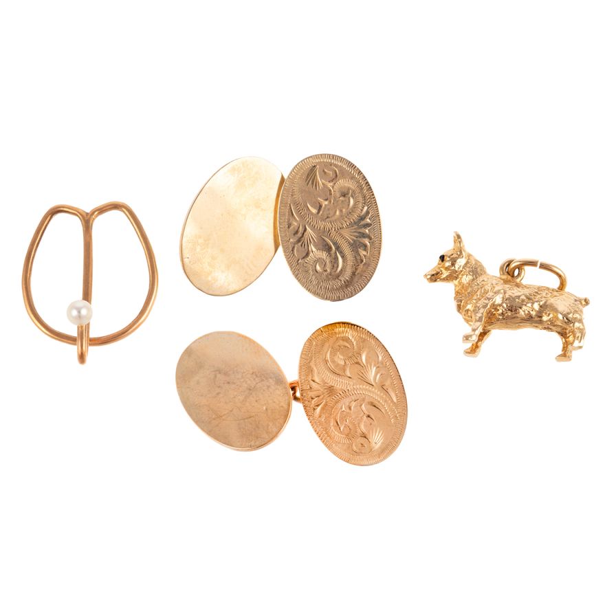 A Corgi Charm in 14K, Cufflinks & Tie Clip in 9K