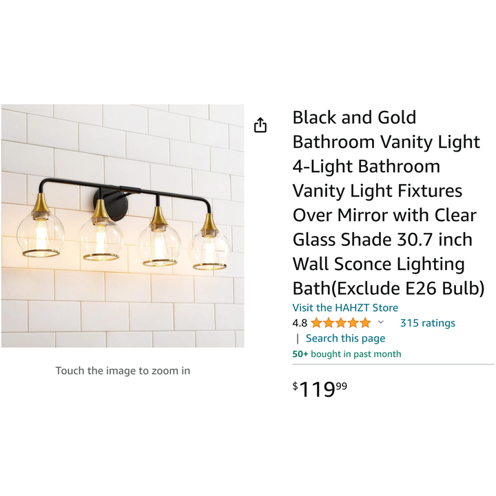 Hahzt Black And Gold 4-Light Bathroom Vanity LightFixture For Over Mirror w/ Clear Glass Shades 30.7" Wall Sconce (Exclude E26 Bulb)