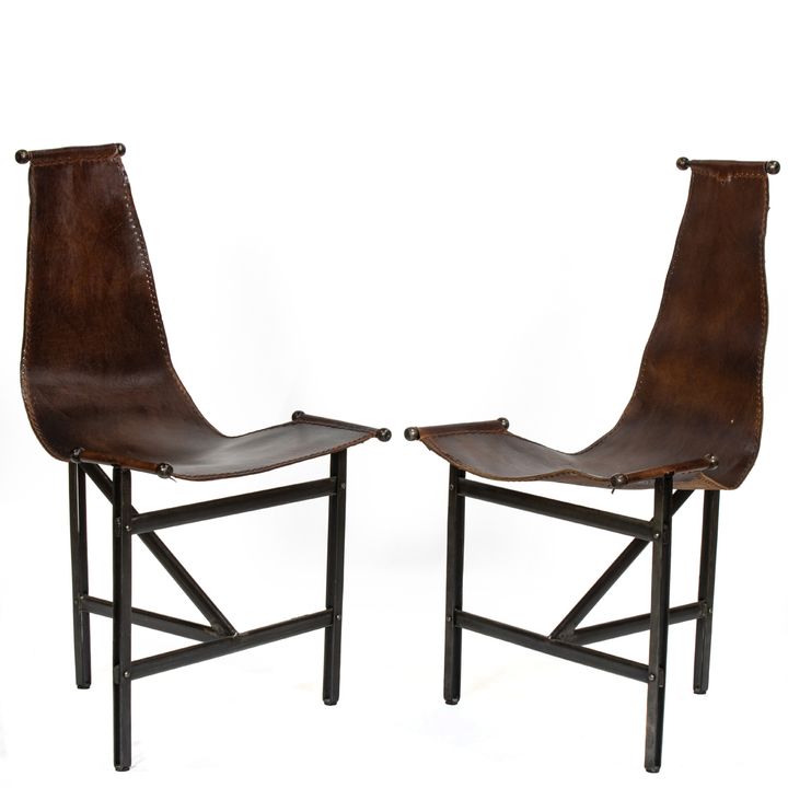 Two Modern leather and iron sling 'T' chairs in the style of William Katavolos for Laverne