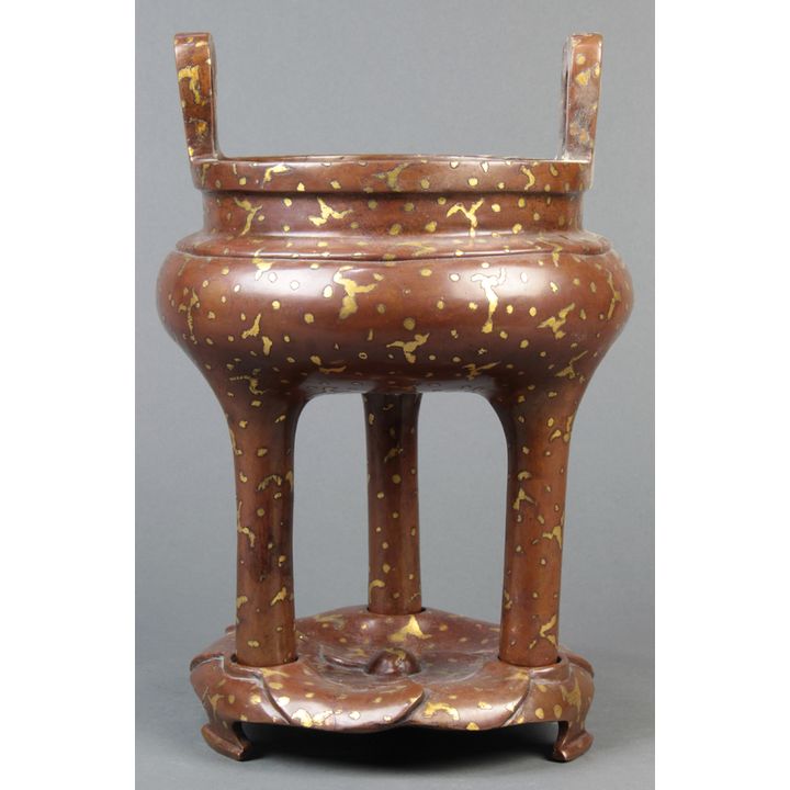 Chinese Gilt Splash Bronze Censer and Stand