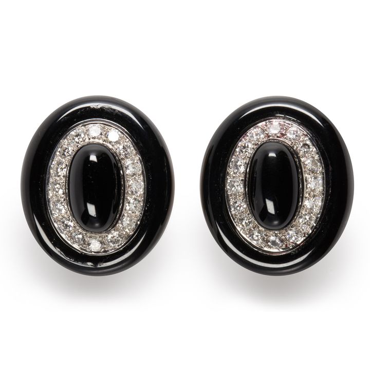 A pair of black chalcedony, diamond and fourteen karat gold earrings