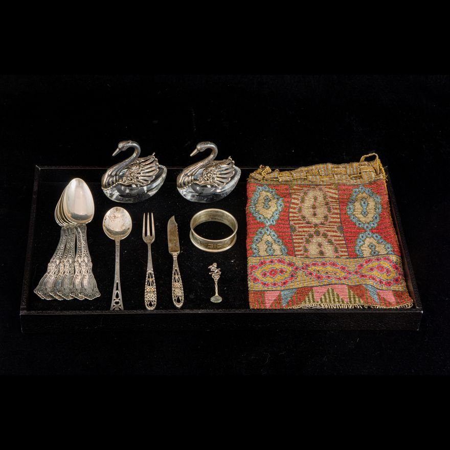 Mostly sterling lot including (6) Wallace Berain teaspoons, initialed; a Webster spoon; a napkin ring; a pair of sterling swan form ...