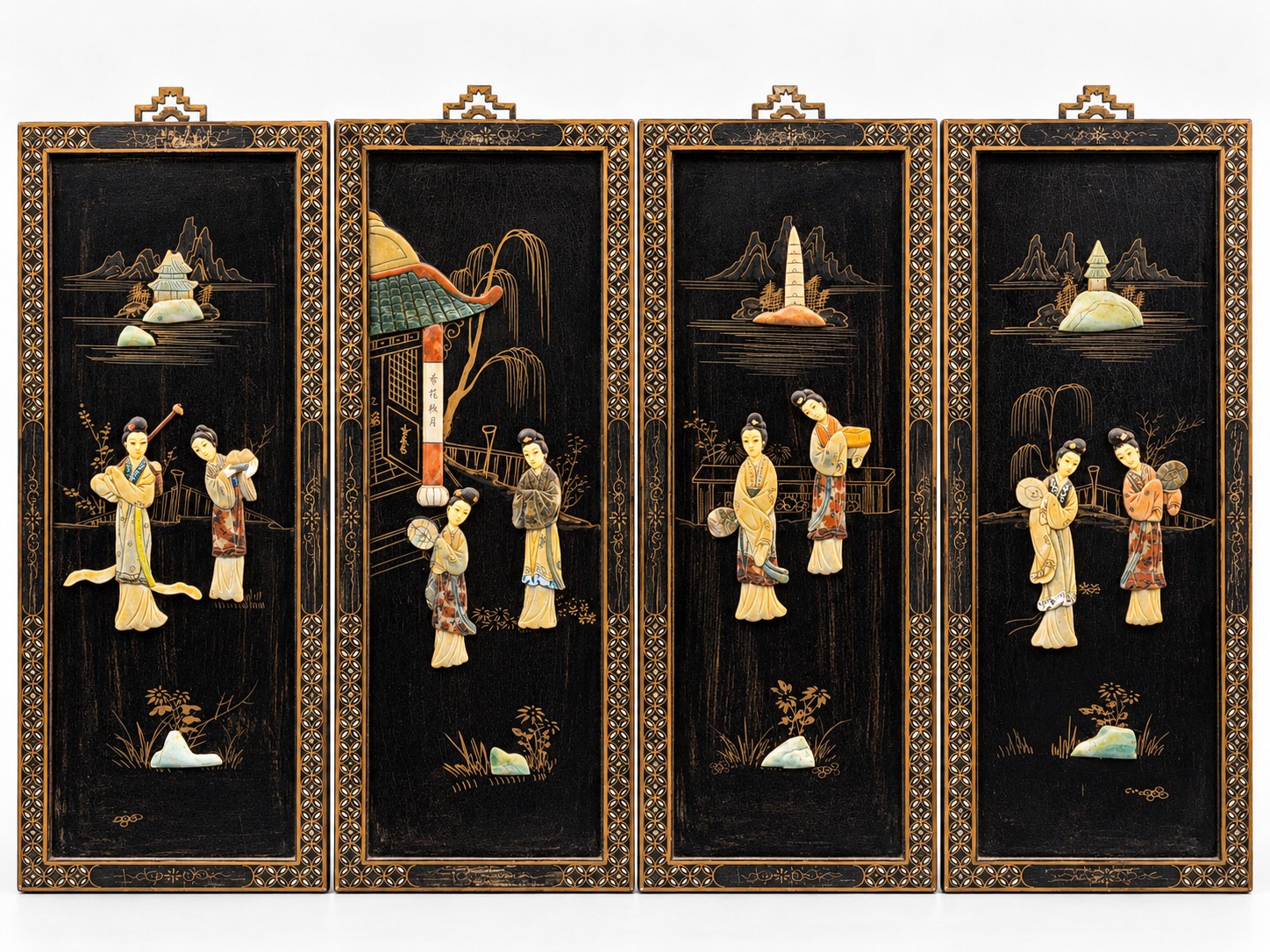 A Set Of Four Chinese Black Lacquer Wall Panels