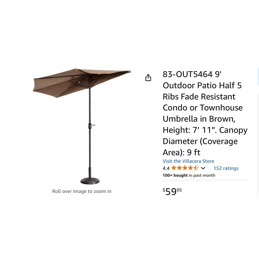 Villacera 9ft Outdoor Patio Half 5 Ribs Umbrella- Brown, 7ft x 11'' In Box