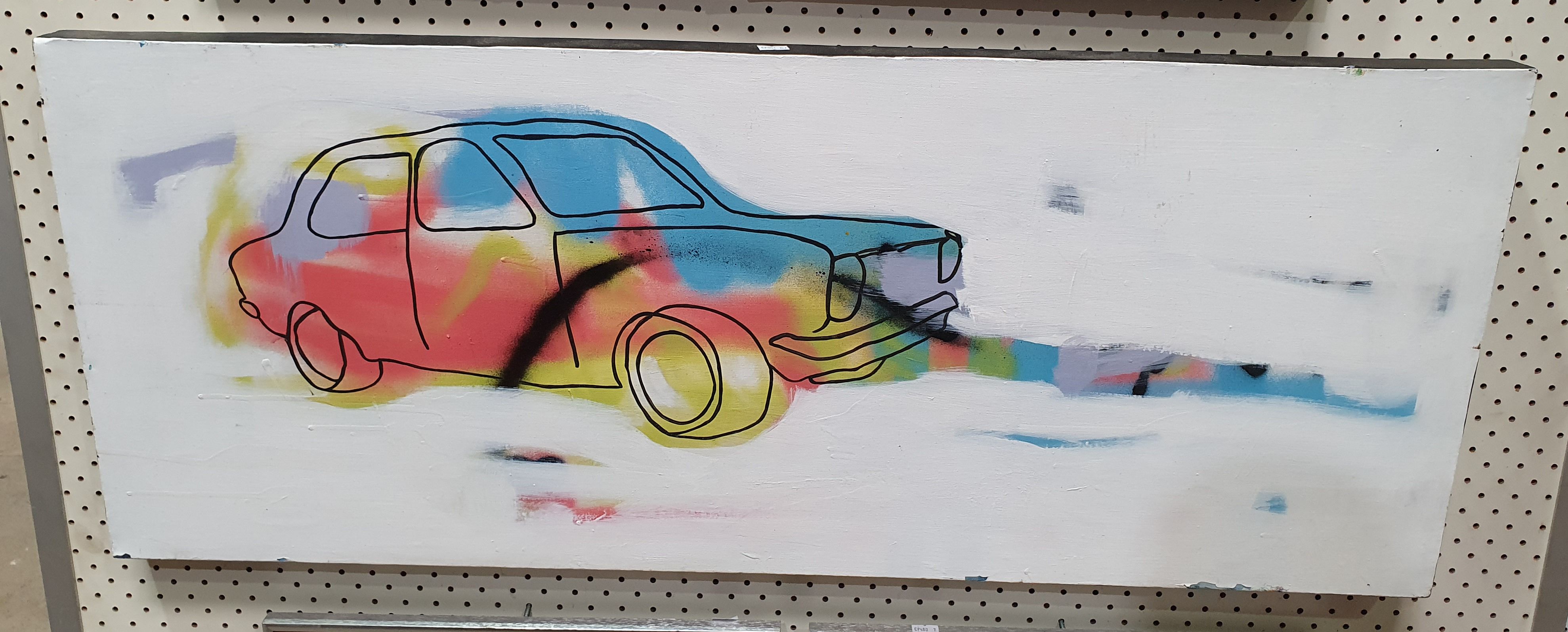 A COLOURFUL PAINTING OF A CAR