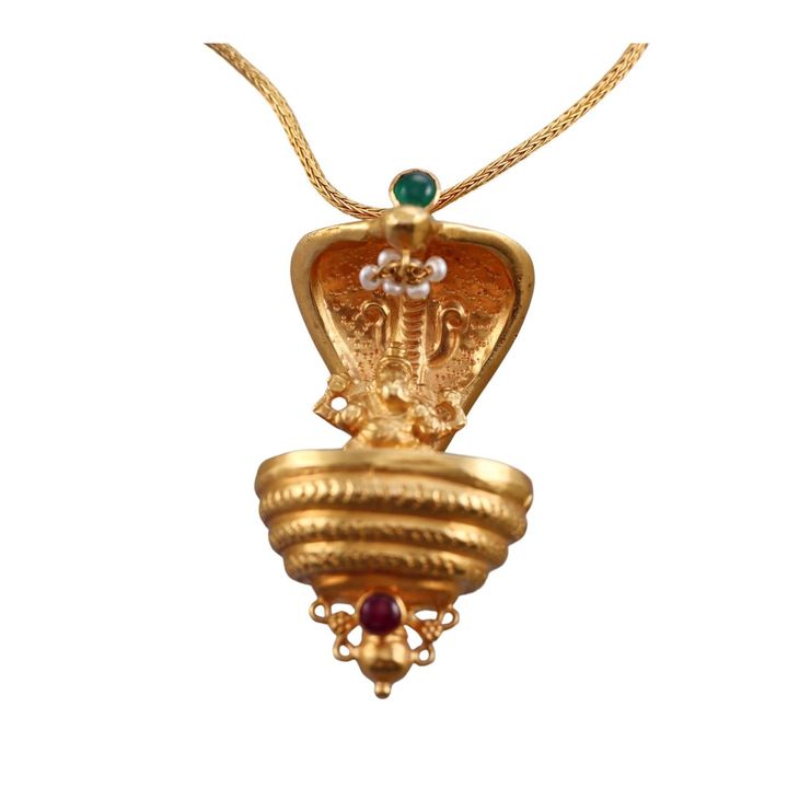 Indian 22k Gold Ruby Pearl Emerald Cobra Ganesh Pendant Necklace