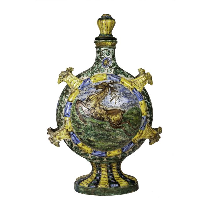 Large Italian majolica bottle with stopper