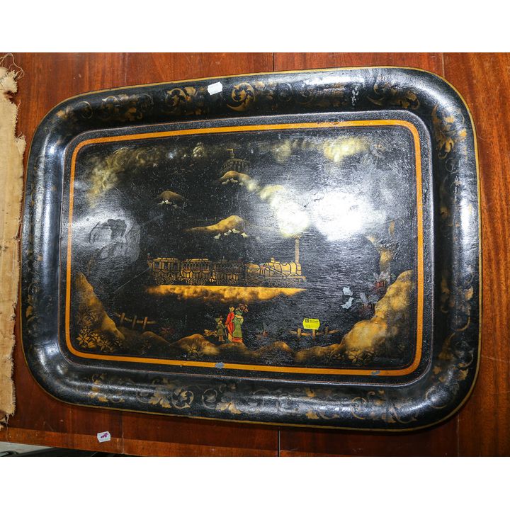 A Large Toleware Tray With Railroad Imagery