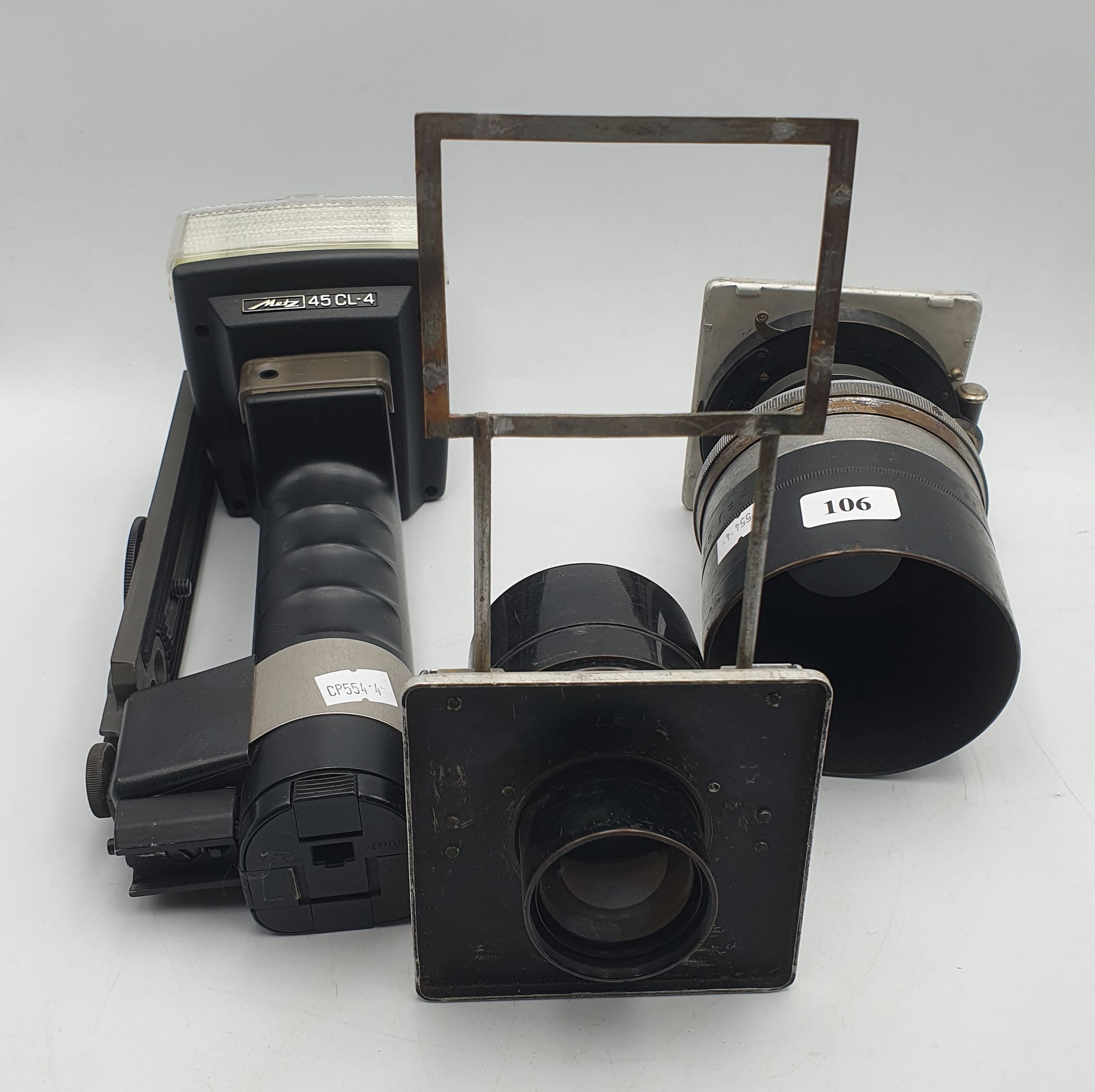 TWO VINTAGE CAMERA LENSES AND ONE METZ FLASH