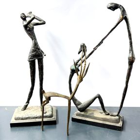Two interesting bronze sculptures, tallest 39cm. Together with an African bronze figure of an animal.