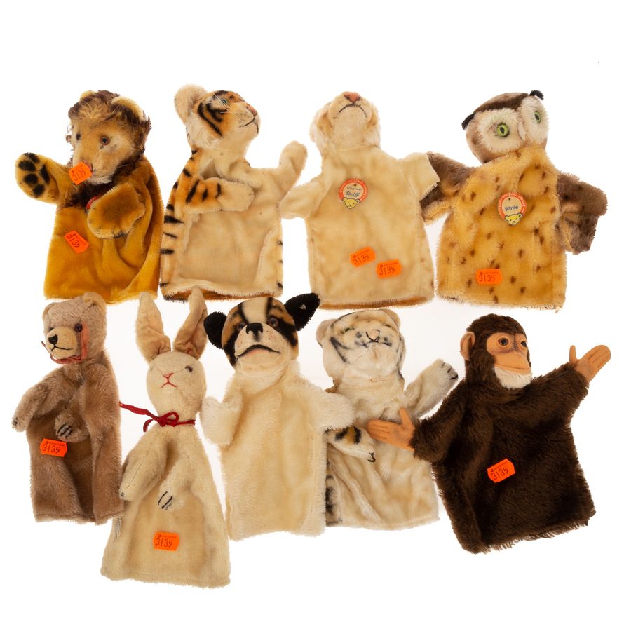 Eight Steiff Mohair Animal Hand Puppets