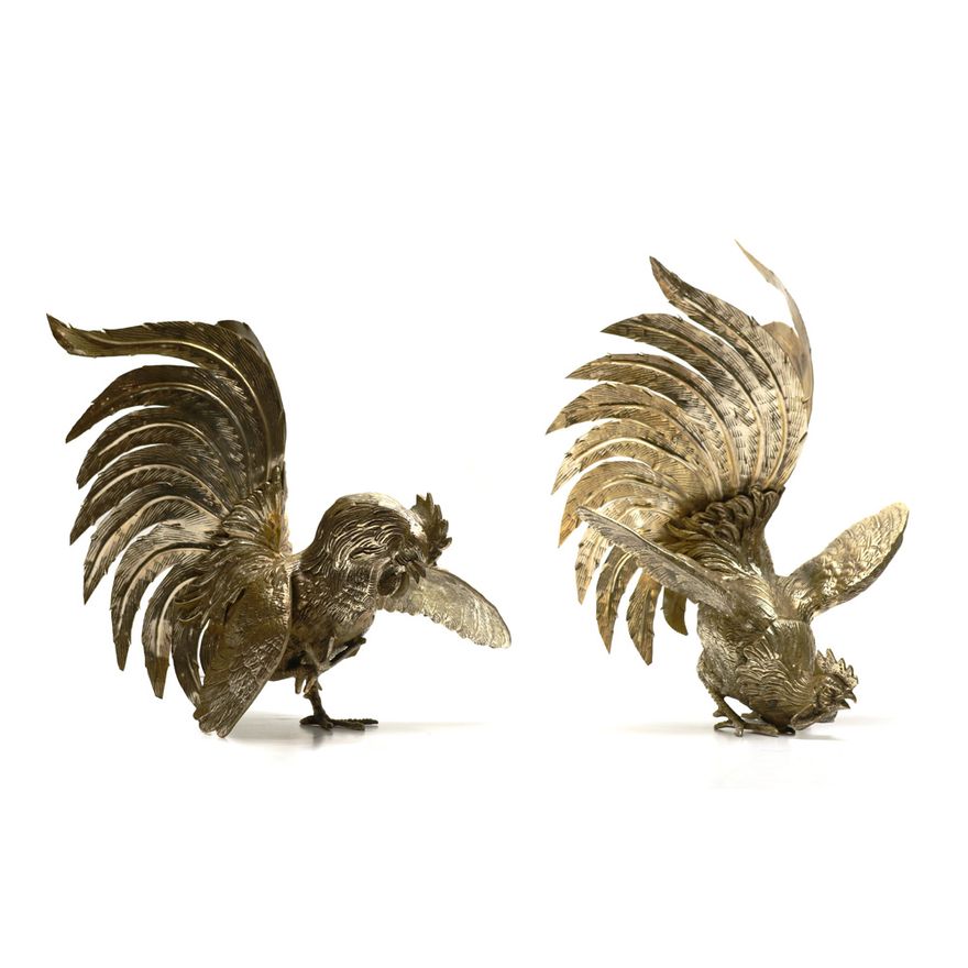 (lot of 2) Silverplate figural sculpture of fighting cocks