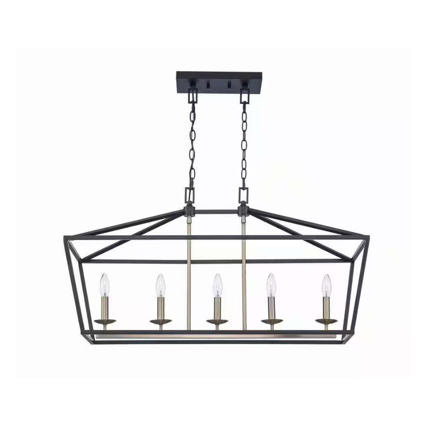 Weyburn 36'' 5-Light Black & Gold Farmhouse Linear Chandelier Light Fixture w/ Caged Metal Shade (36'' W x 19.5''-82'' H x 13'' D) 1006324077