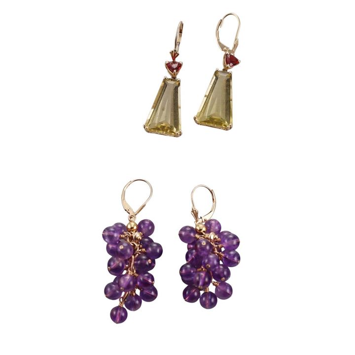 14k Gold Amethyst Quartz Garnet Earrings Lot of 2 Pairs