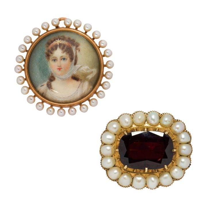 Two gemstone, cultured pearl and 14k gold brooches