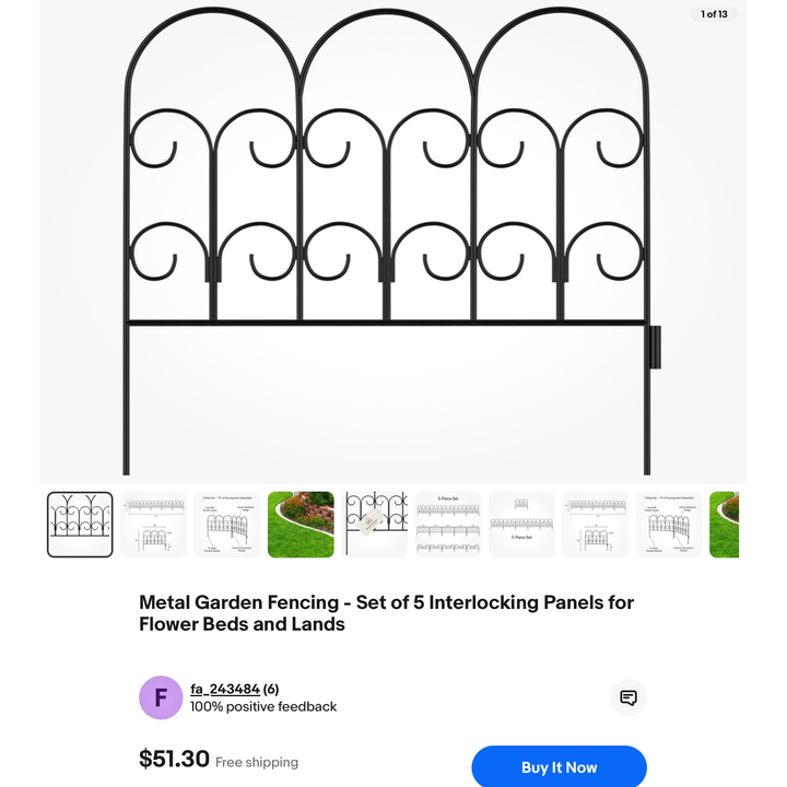 Pure Garden Metal Garden Fencing - 5 Interlocking Panels 16" x 18"